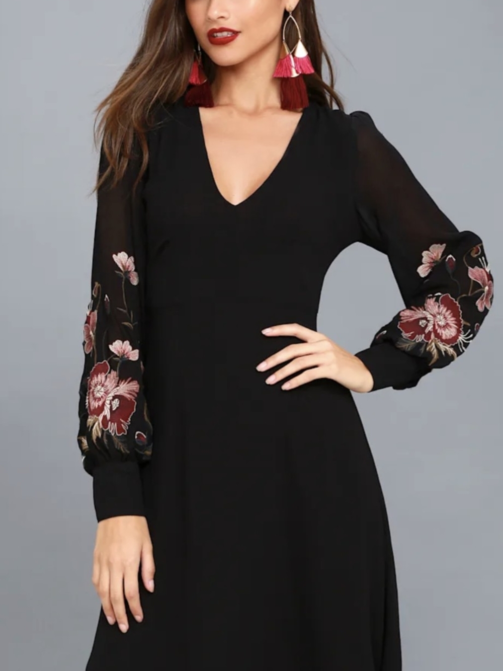 Astr Black V-Neck Long Sleeve Dress with Floral Embroidered Sleeves